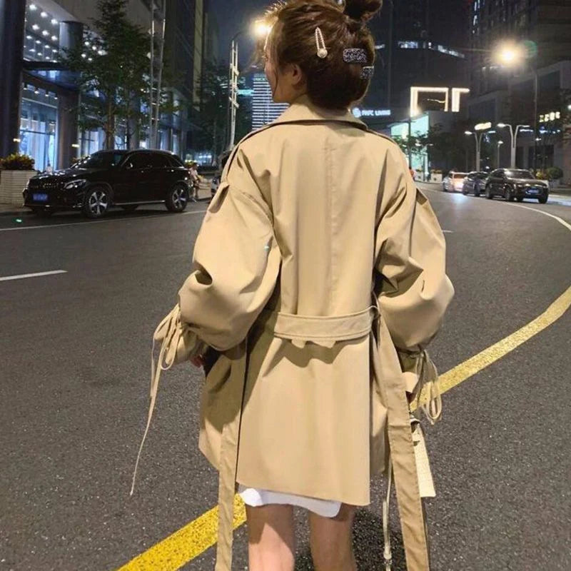 Autumn New Drawstring Version Loose Short Trench Coat Retro Popular Student Coat Female
